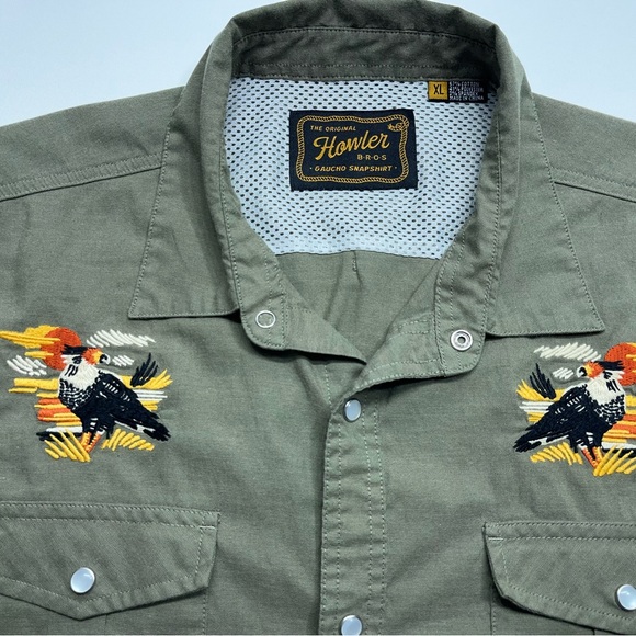 Howler Bros Gaucho SnapShirt Mens Size XL Green Caracaras Hawks Rodeo Vented - Picture 3 of 16